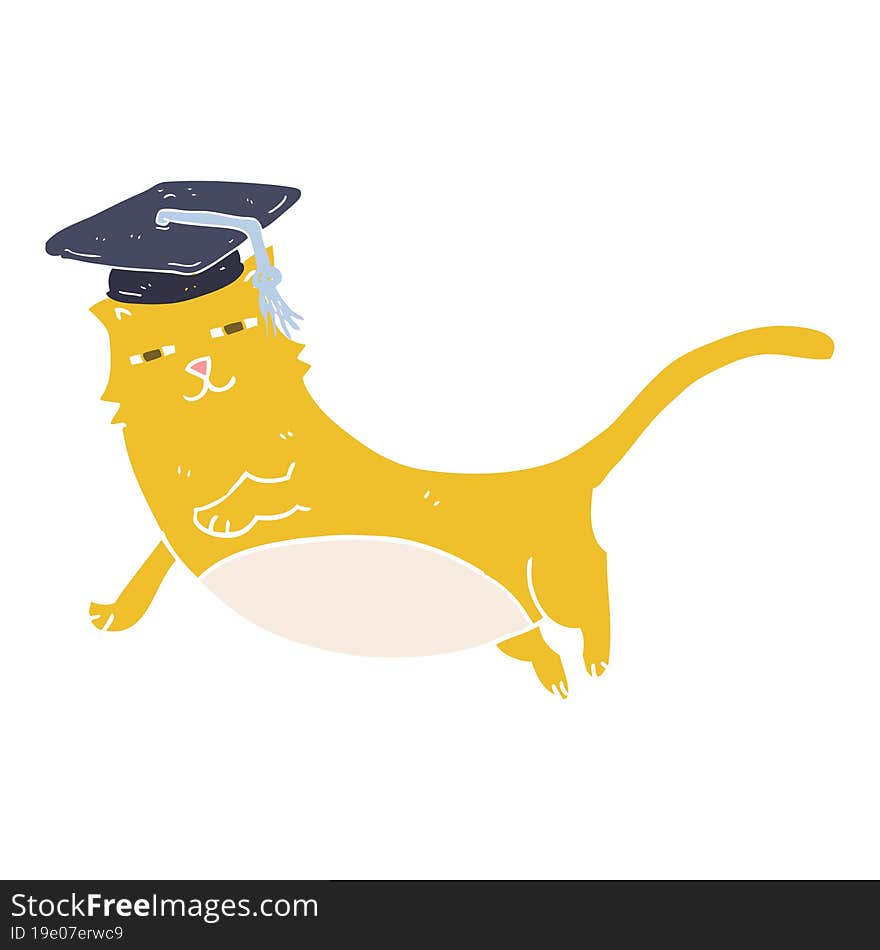 flat color illustration of a cartoon cat with graduate cap