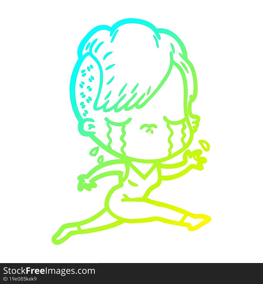 cold gradient line drawing cartoon crying girl running