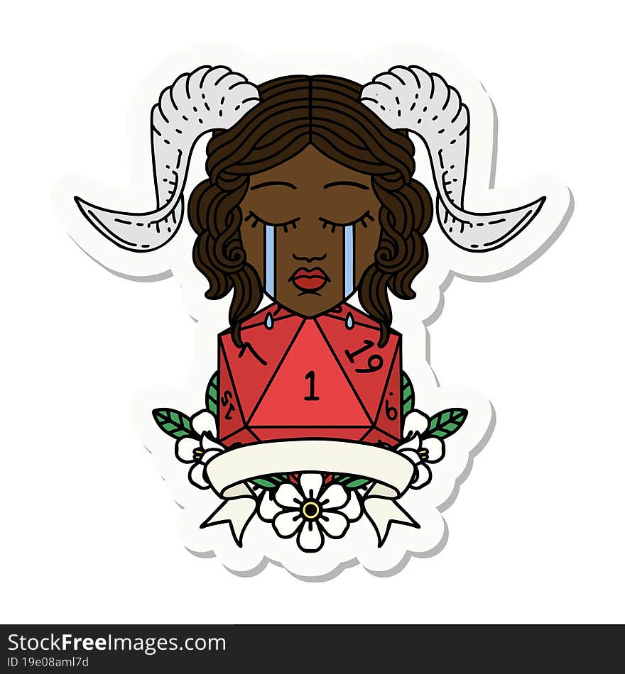 sticker of a crying tiefling with natural one D20 dice roll. sticker of a crying tiefling with natural one D20 dice roll