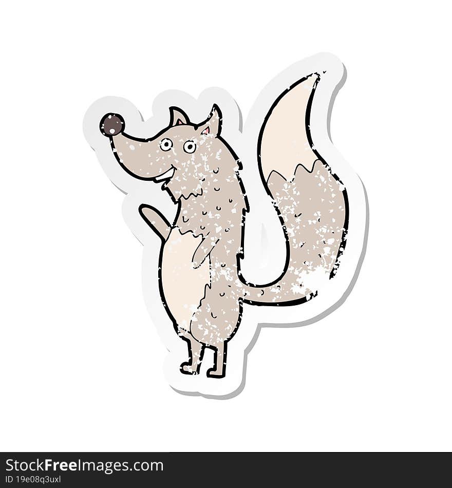 Retro Distressed Sticker Of A Cartoon Waving Wolf