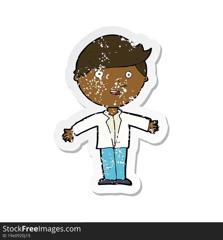 retro distressed sticker of a cartoon man in casual jacket