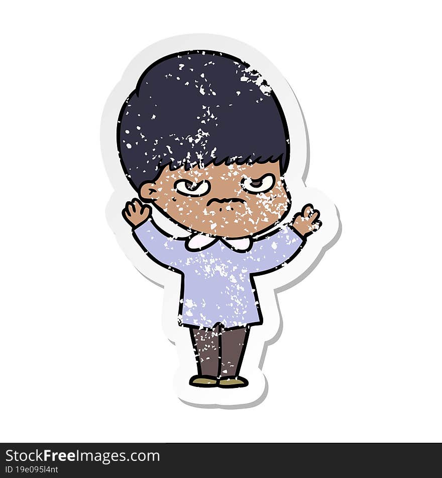 distressed sticker of a annoyed cartoon boy