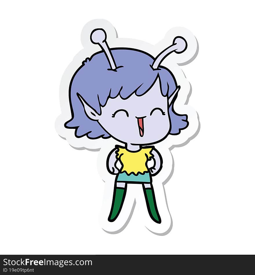 sticker of a cartoon alien girl laughing