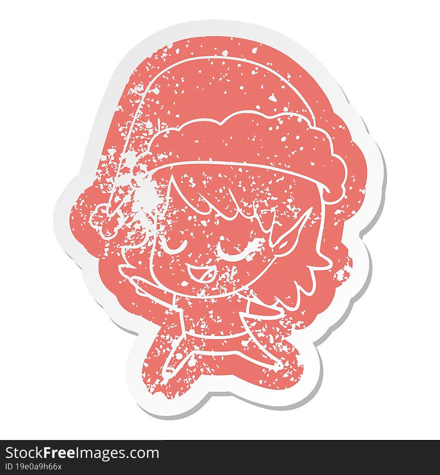 quirky cartoon distressed sticker of a happy elf girl dancing wearing santa hat. quirky cartoon distressed sticker of a happy elf girl dancing wearing santa hat