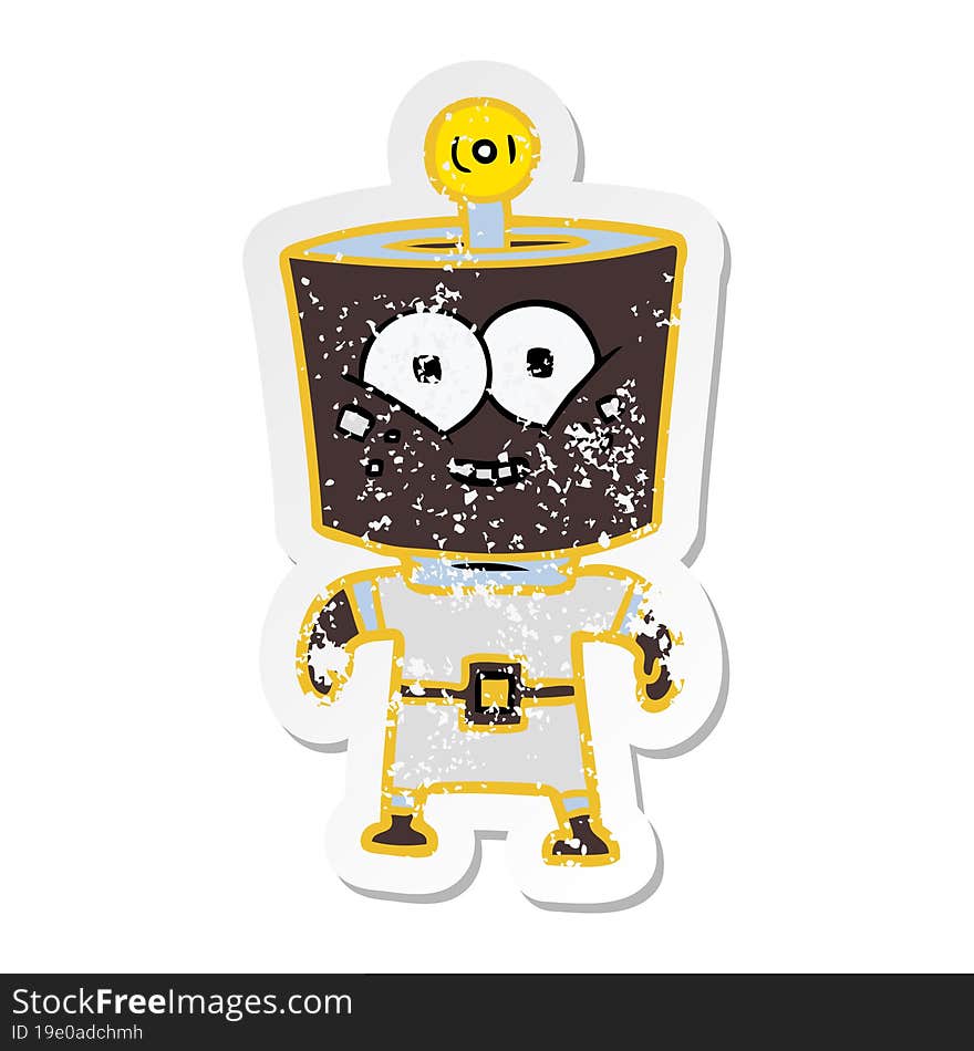 distressed sticker of a happy energized cartoon robot