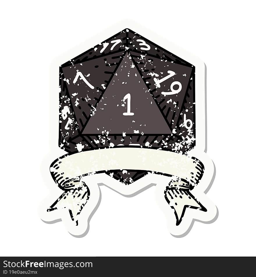 natural one d20 dice roll grunge sticker