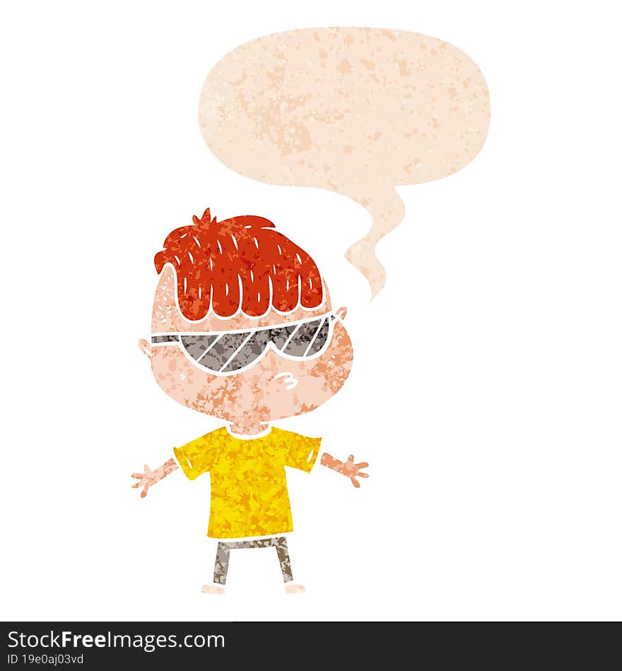 cartoon boy wearing sunglasses and speech bubble in retro textured style