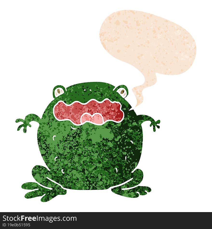 cartoon toad and speech bubble in retro textured style