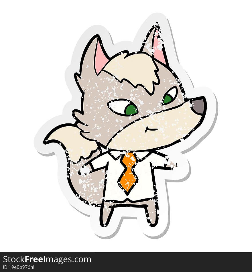 Distressed Sticker Of A Friendly Cartoon Wolf Manager