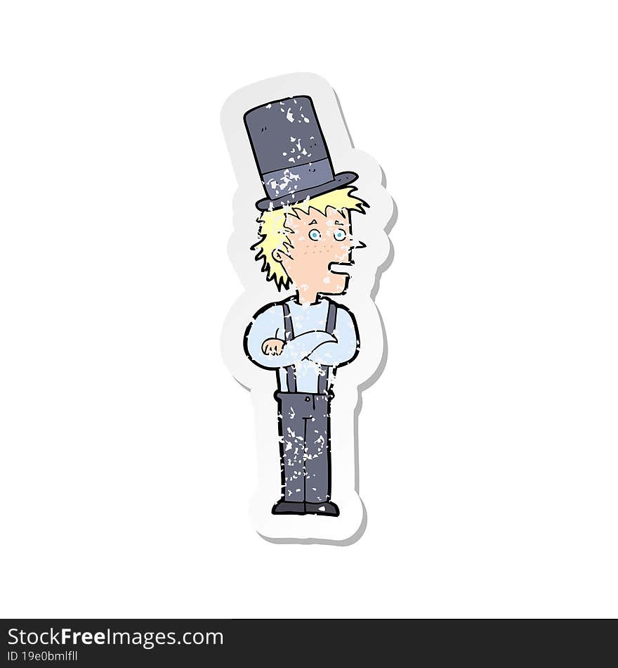 retro distressed sticker of a cartoon man wearing top hat