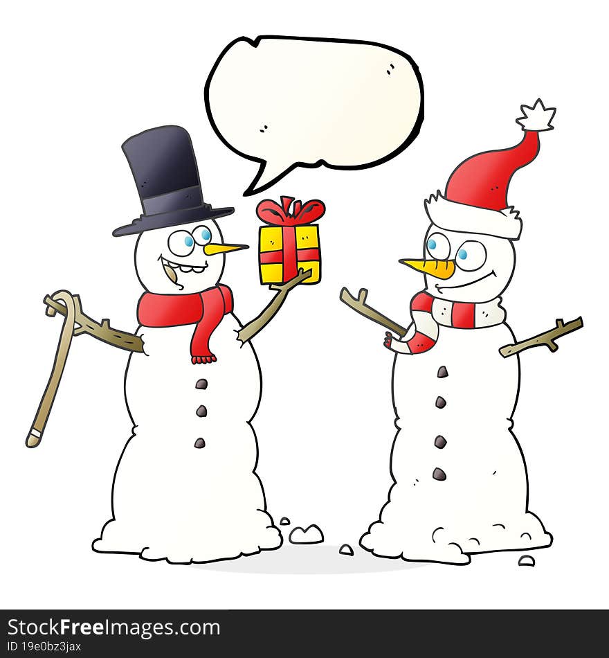 speech bubble cartoon snowmen exchanging gifts