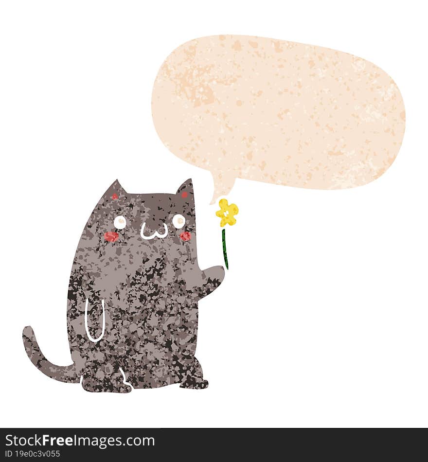 Cute Cartoon Cat And Speech Bubble In Retro Textured Style