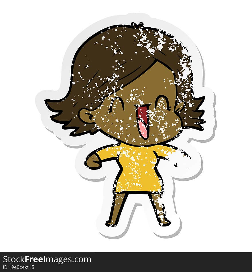 distressed sticker of a cartoon happy woman