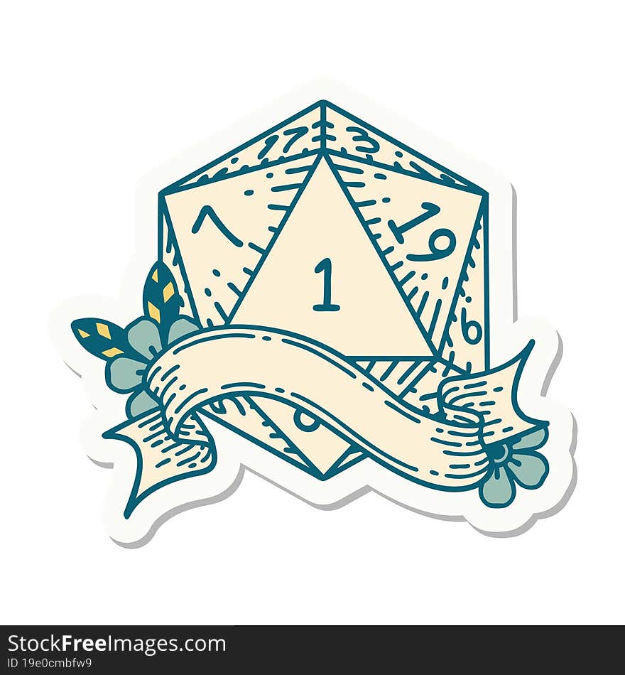 sticker of a natural one d20 dice roll. sticker of a natural one d20 dice roll