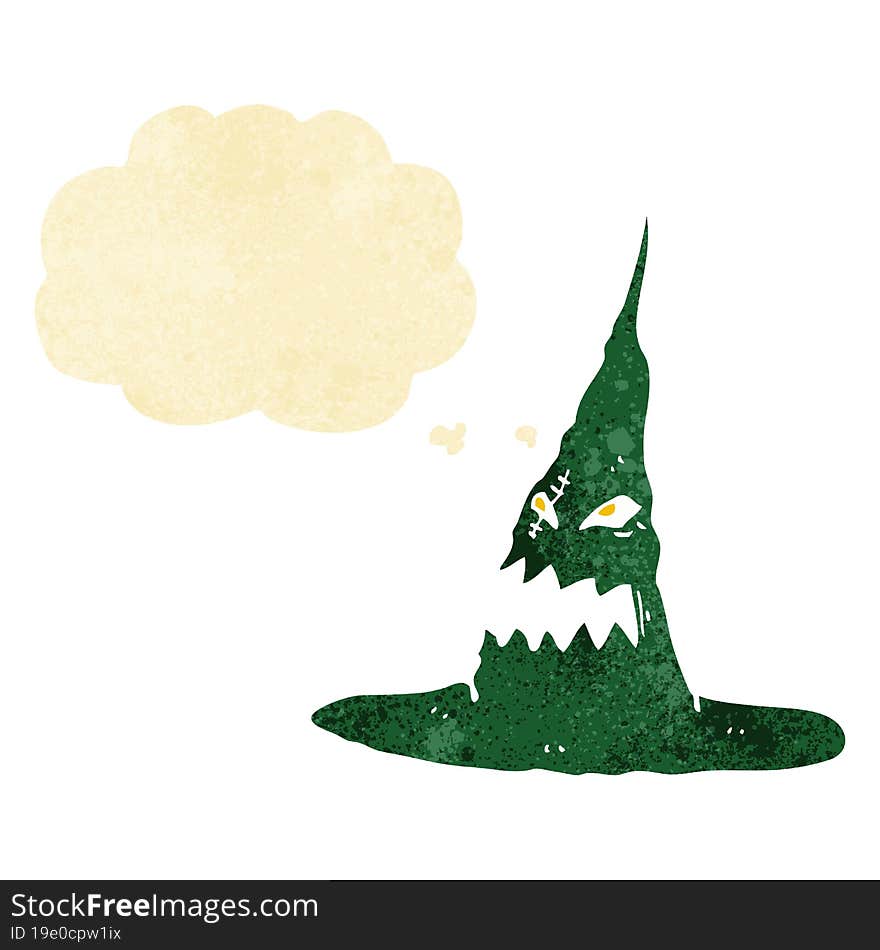 cartoon spooky witches hat with thought bubble