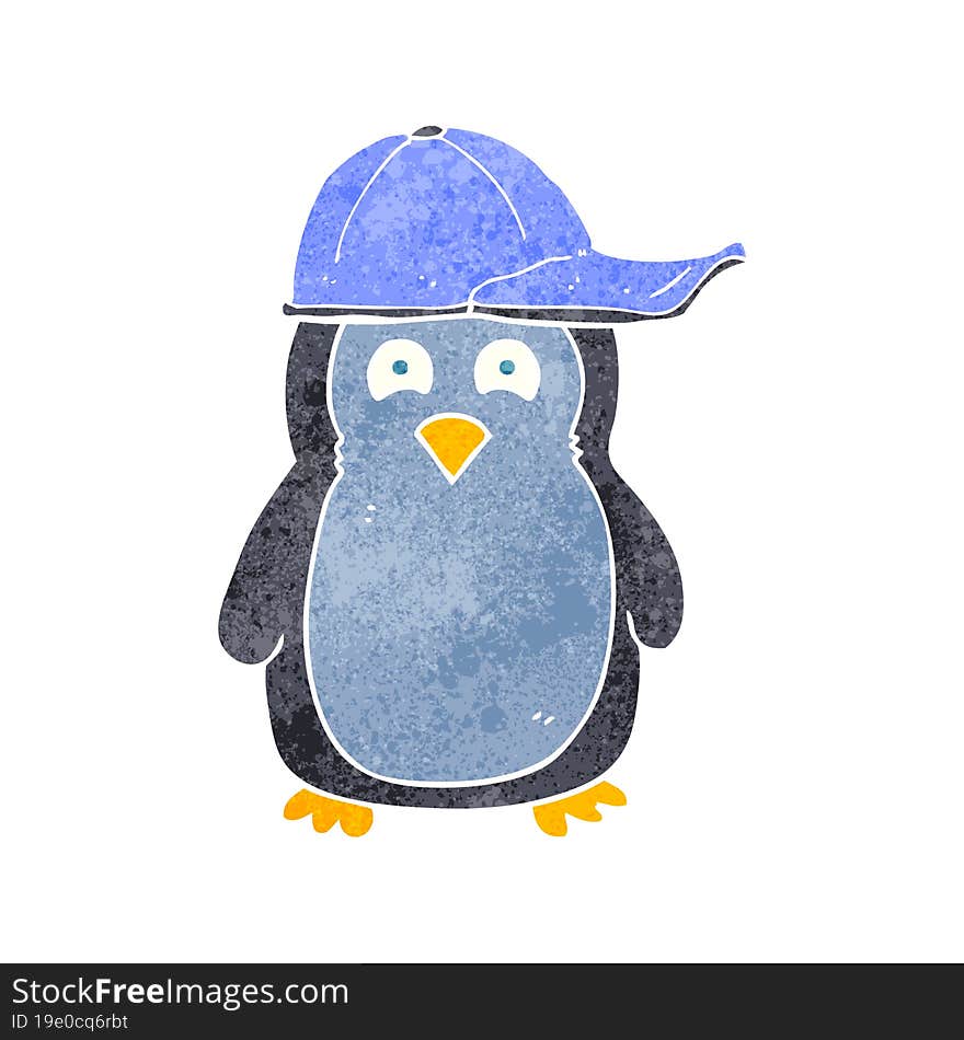 freehand retro cartoon penguin wearing hat