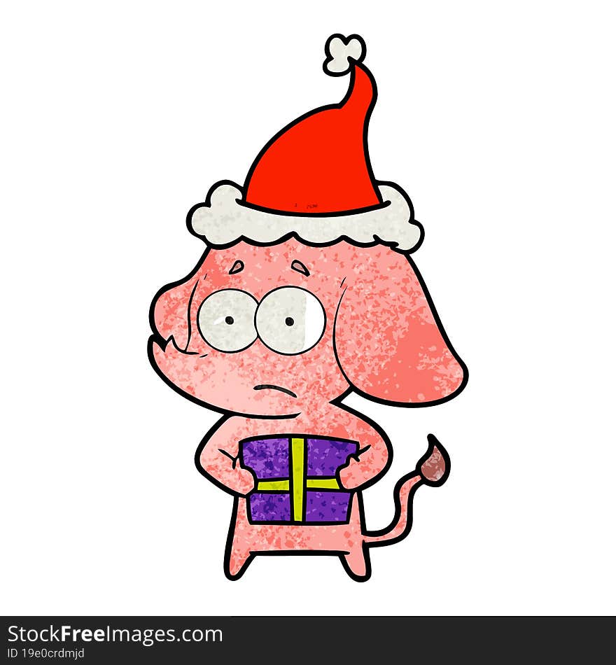 textured cartoon of a unsure elephant with christmas present wearing santa hat