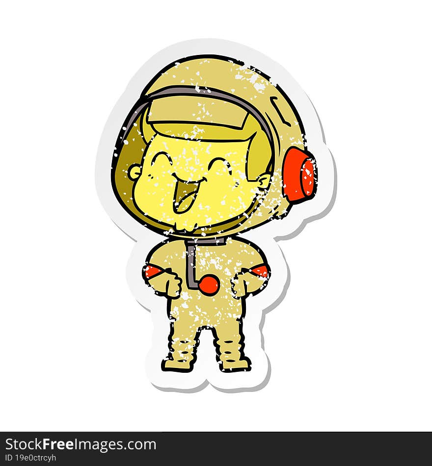 distressed sticker of a happy cartoon astronaut