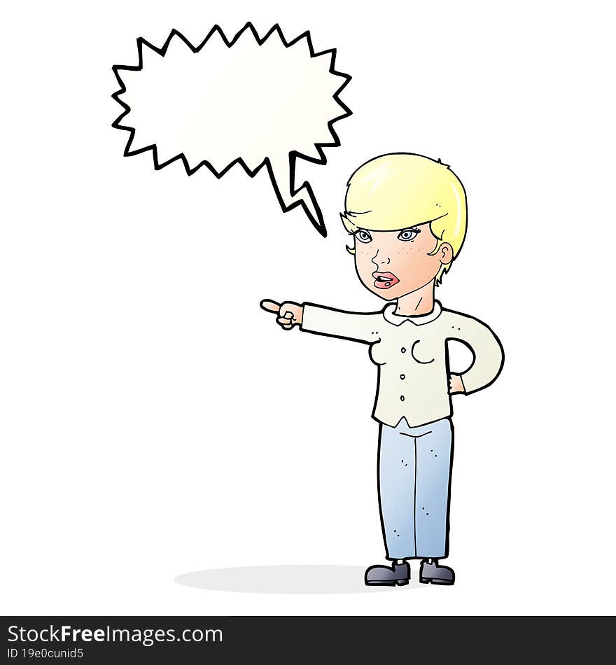 cartoon woman pointing finger of blame with speech bubble