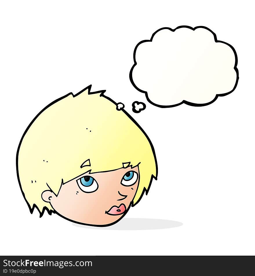 cartoon female face looking up with thought bubble