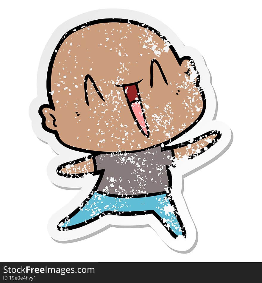 distressed sticker of a happy cartoon bald man