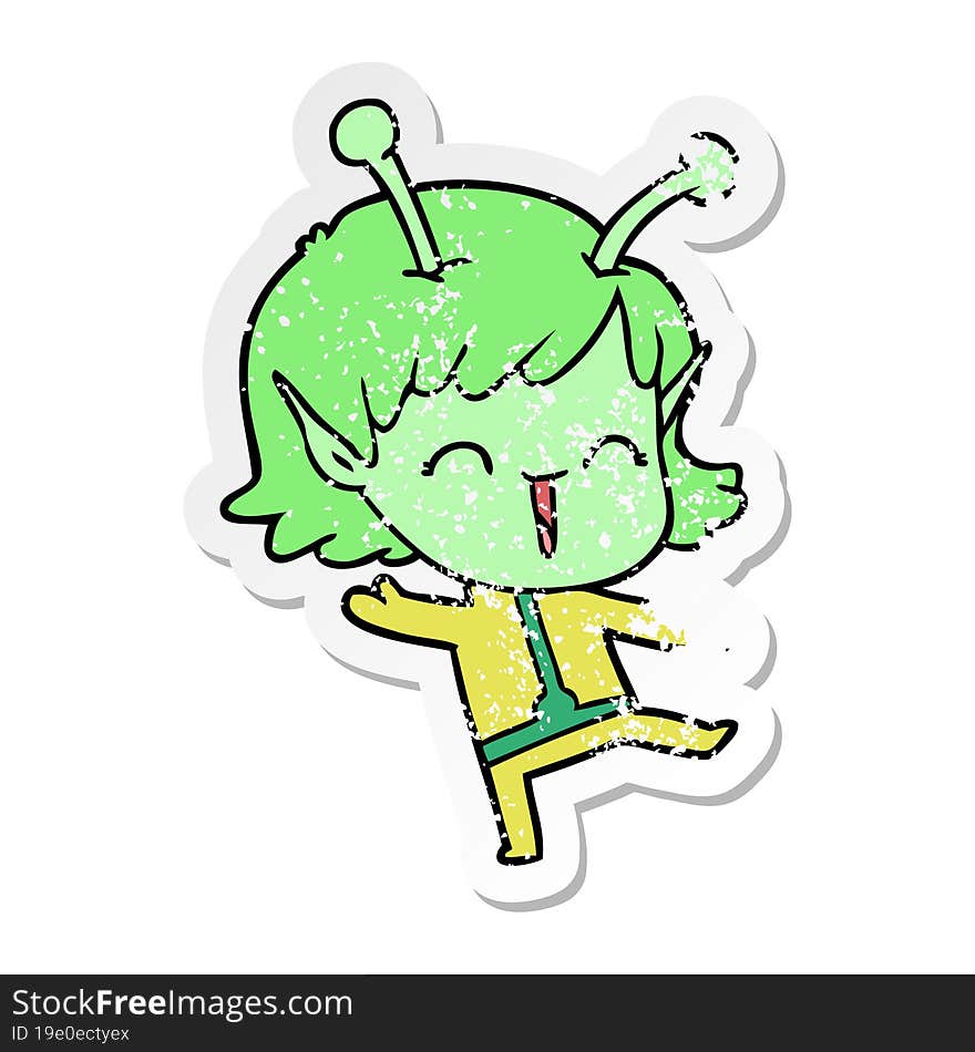 distressed sticker of a cartoon alien girl laughing