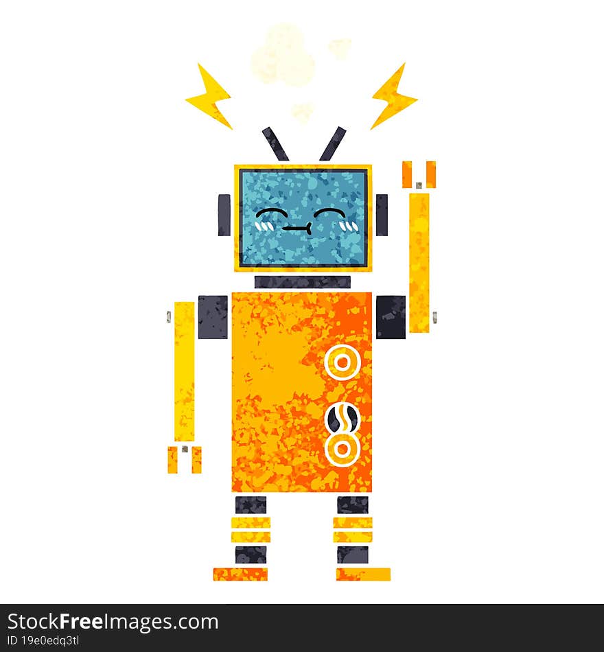 retro illustration style cartoon of a malfunctioning robot