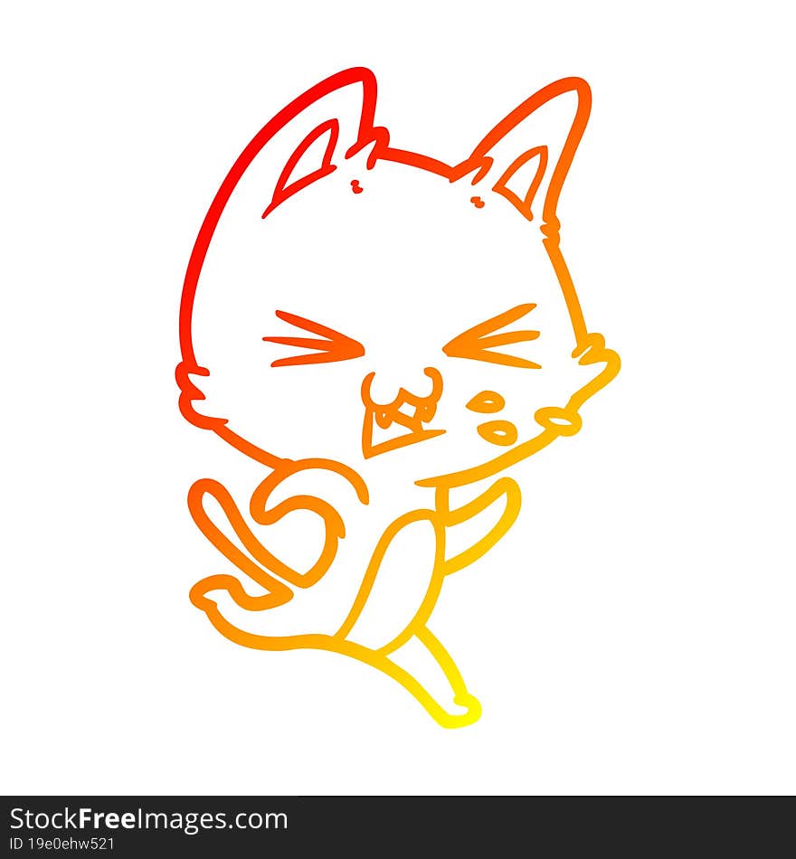 warm gradient line drawing of a cartoon cat hissing