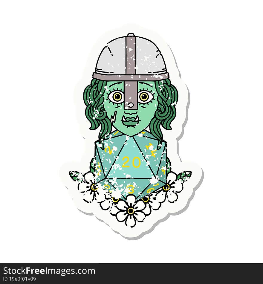 half orc fighter character with natural twenty dice roll grunge sticker