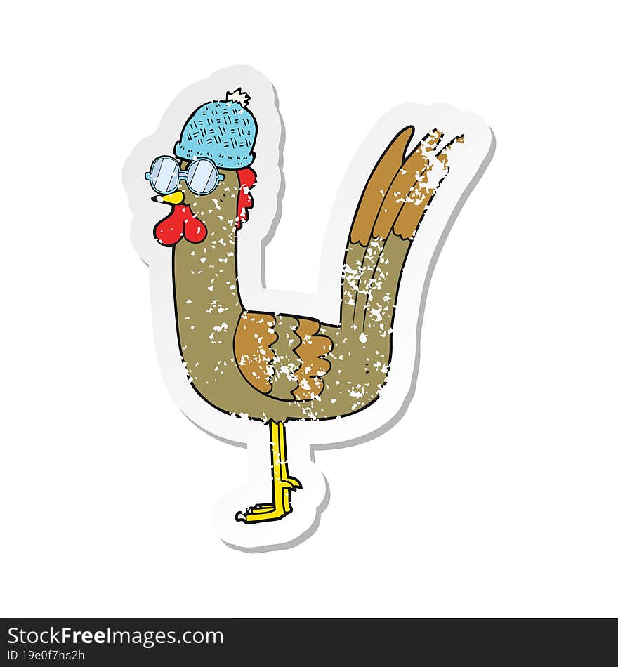 retro distressed sticker of a cartoon chicken wearing disguise