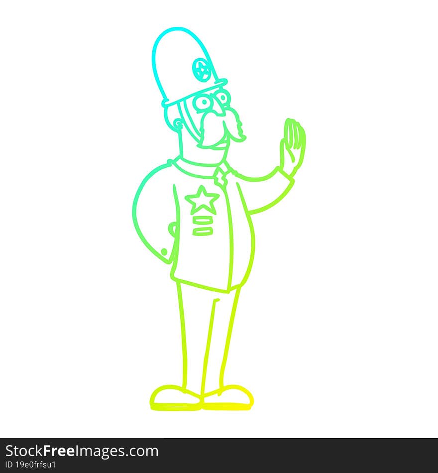 cold gradient line drawing of a cartoon policeman making stop gesture