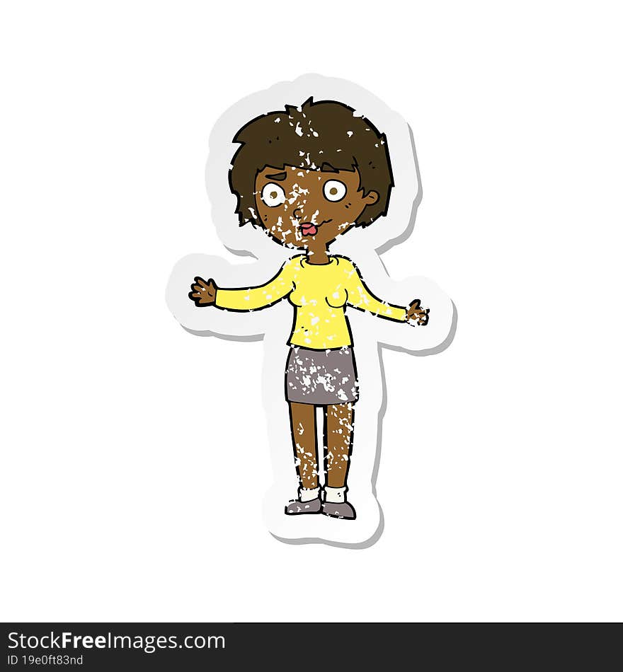 retro distressed sticker of a cartoon confused woman