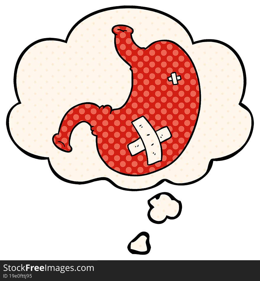 cartoon stomach with thought bubble in comic book style