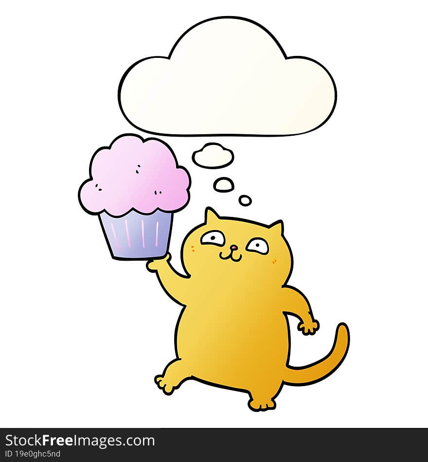 cartoon cat with cupcake and thought bubble in smooth gradient style