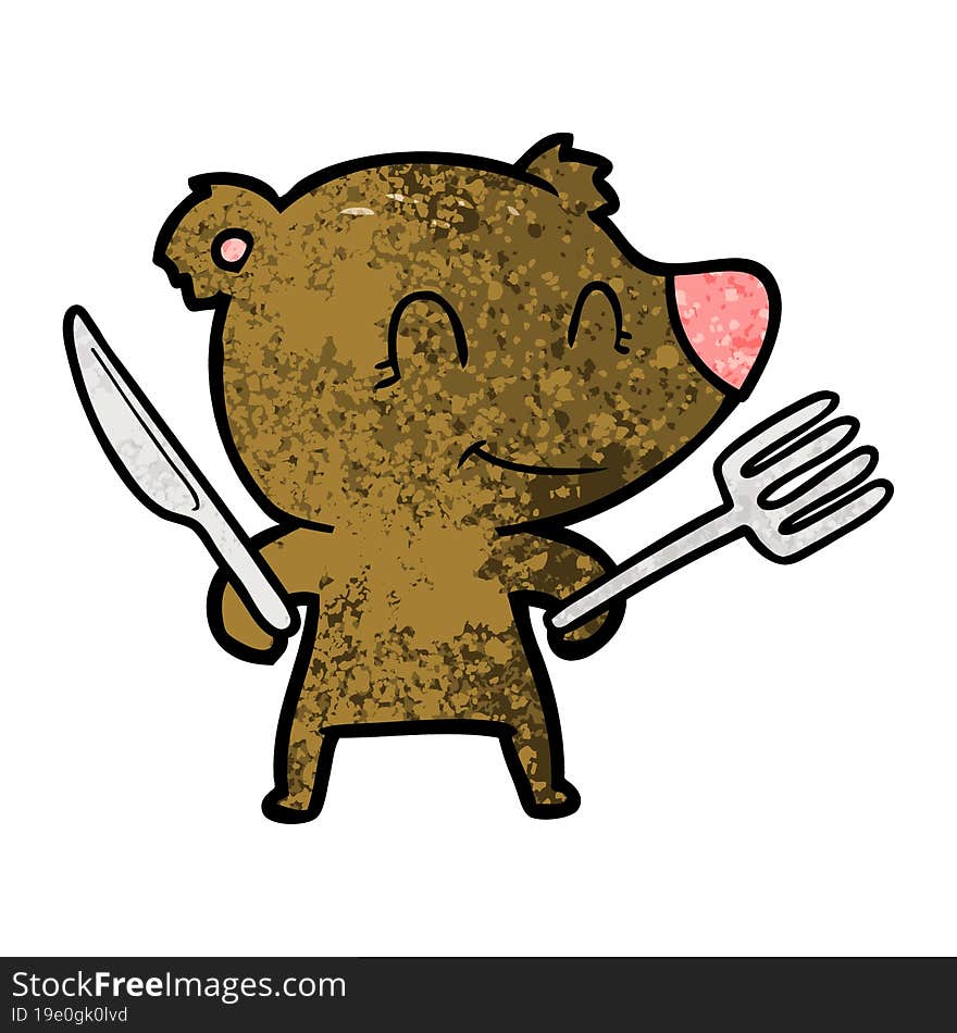 smiling bear cartoon with knife and fork. smiling bear cartoon with knife and fork