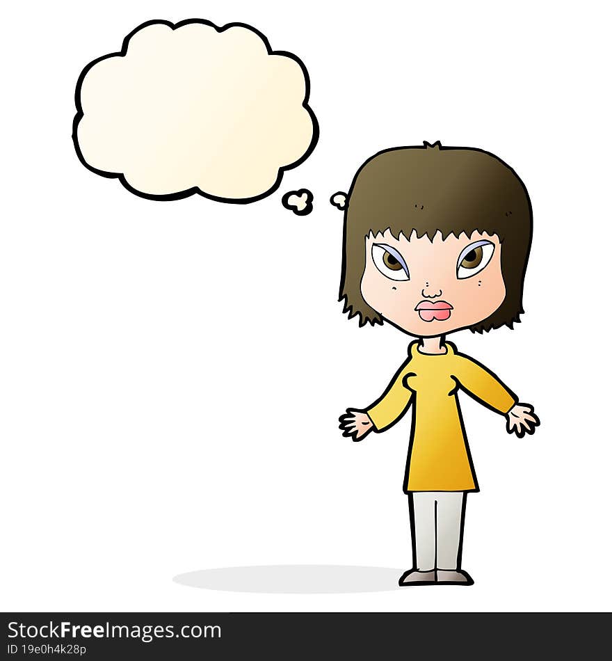 cartoon woman with open arms with thought bubble