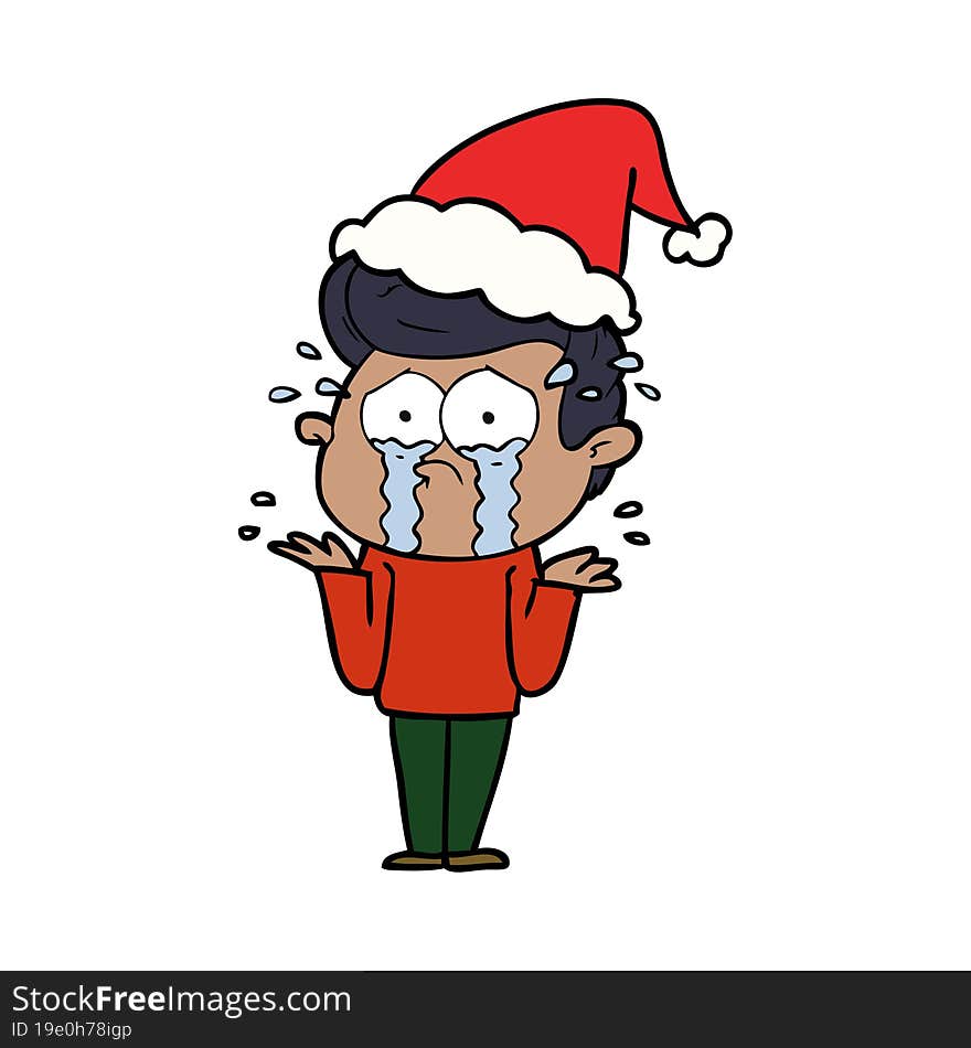 hand drawn line drawing of a crying man wearing santa hat