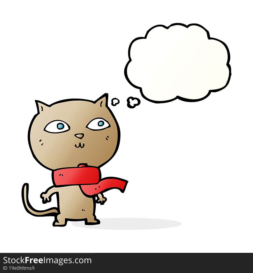 cartoon funny cat wearing scarf with thought bubble