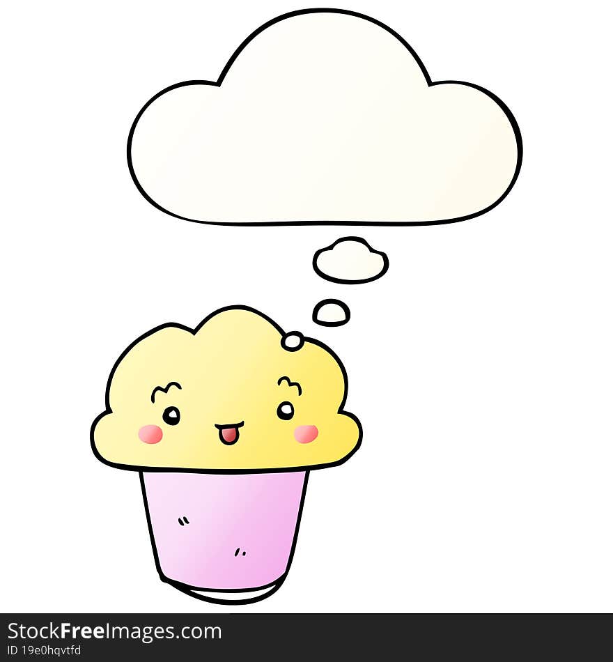 cartoon cupcake with face and thought bubble in smooth gradient style