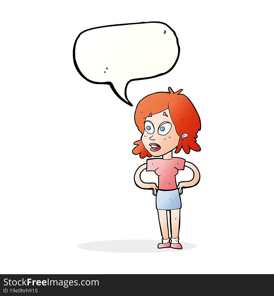 cartoon woman with hands on hips with speech bubble