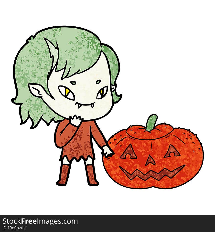 cartoon friendly vampire girl considering pumpkin. cartoon friendly vampire girl considering pumpkin