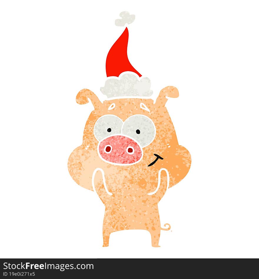 happy retro cartoon of a pig wearing santa hat