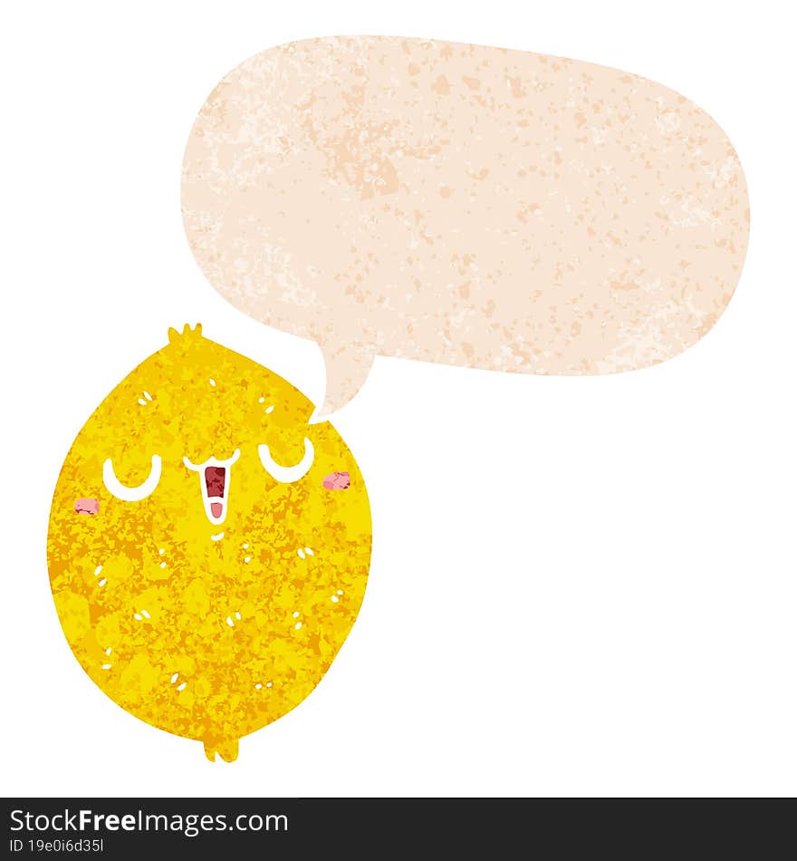 cartoon happy lemon and speech bubble in retro textured style