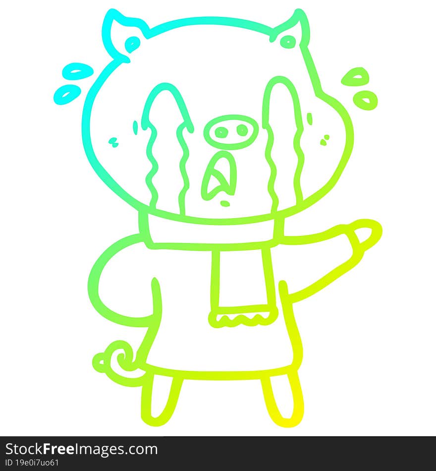 cold gradient line drawing crying pig cartoon wearing human clothes