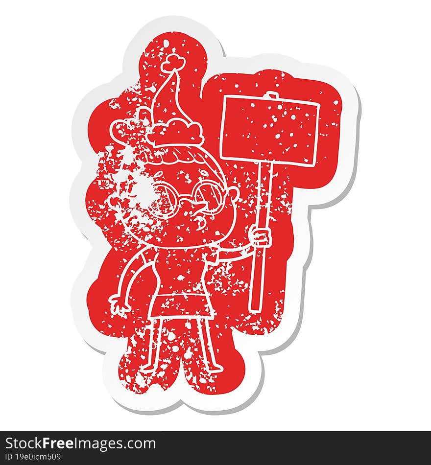 quirky cartoon distressed sticker of a woman wearing glasses wearing santa hat