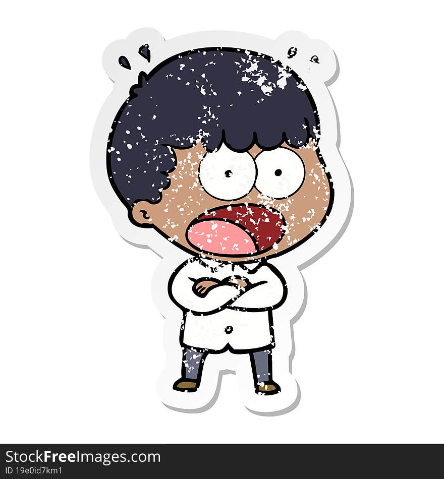 distressed sticker of a cartoon shocked man