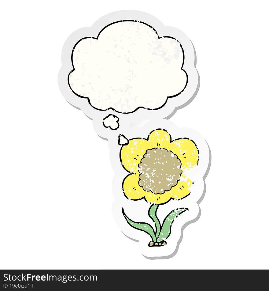 cartoon flower and thought bubble as a distressed worn sticker