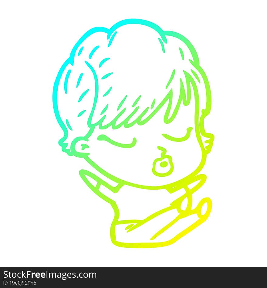 cold gradient line drawing cartoon woman with eyes shut