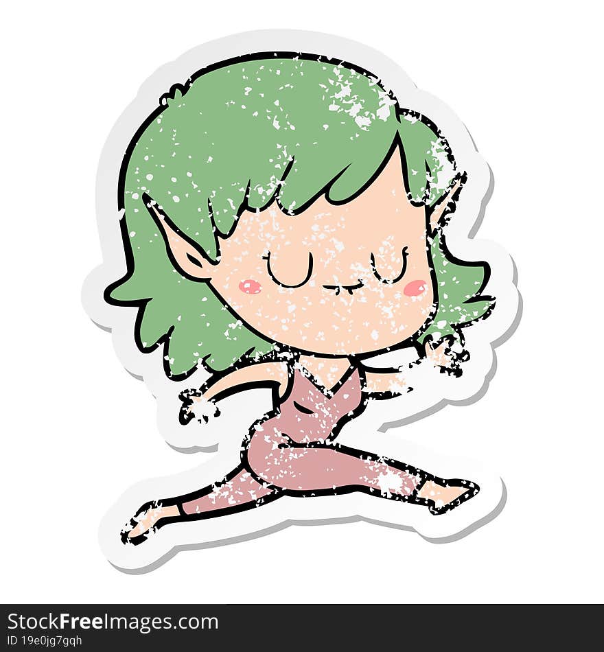 distressed sticker of a happy cartoon elf girl running