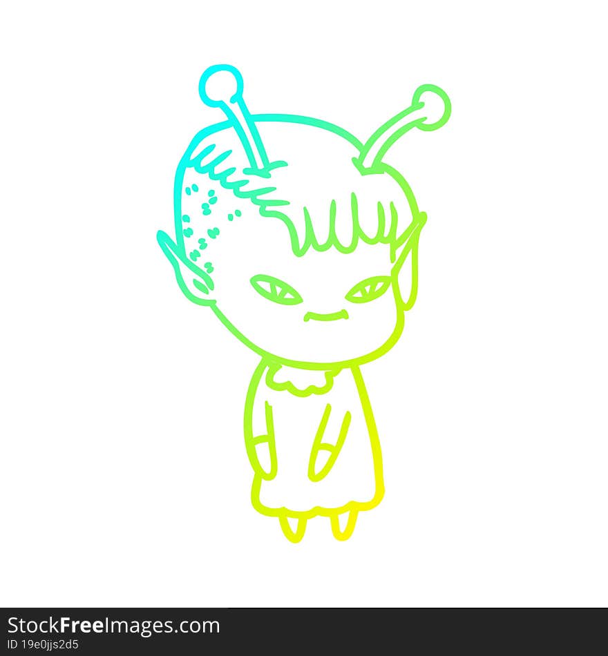 cold gradient line drawing of a cute cartoon alien girl